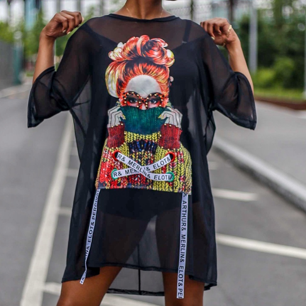Sheer Black Graphic Tunic Top with Colorful Print